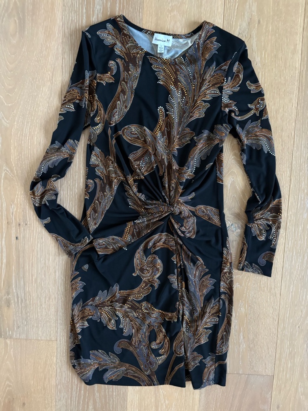 Work Dress Black Long Sleeve Size Small Twist Front Brown Gold Paisley Travel